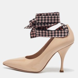 Miu Miu Beige Patent Leather Ankle Wrap Pointed Toe Pumps Size 36, Pumps - Luxury Closet catalog