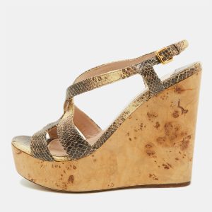 Miu Miu Brown/Cream Python Embossed Leather Platform Wedge Sandals Size 38, Sandals - Luxury Closet catalog