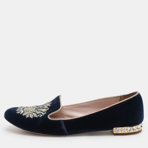 Miu Miu Blue Embroidered Velvet Crystal Embellished Smoking Slippers Size 37, Loafers & Slip-Ons - Luxury Closet catalog