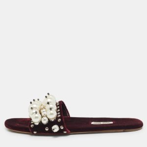 Miu Miu Burgundy Velvet Pearl Embellished Flat Slides Size 38, Flats - Luxury Closet catalog