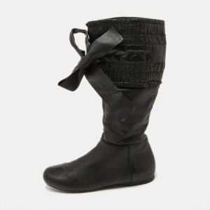 Miu Miu Black Leather Gathered Bow Calf Length Boots Size 37, Boots - Luxury Closet catalog