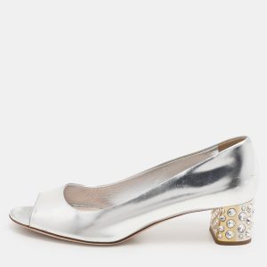 Miu Miu Silver Leather Crystal Embellished Block Heel Peep Toe Pumps Size 38.5, Pumps - Luxury Closet catalog