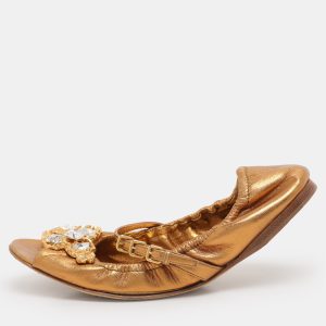Miu Miu Gold Leather Embellished Scrunch Ballet Flats Size 38, Flats - Luxury Closet catalog