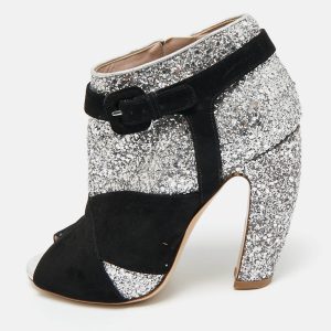 Miu Miu Silver/Black Glitter and Suede Peep-Toe Ankle Boots Size 36, Boots - Luxury Closet catalog