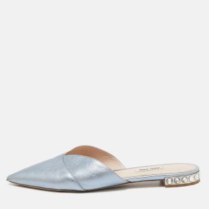 Miu Miu Metallic Blue Leather Crystal Embellished Mules Size 41, Sandals - Luxury Closet catalog