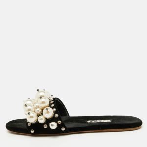 Miu Miu Black Velvet Faux Pearl Embellished Flat Slide Sandals Size 36, Sandals - Luxury Closet catalog
