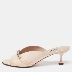 Miu Miu Cream Patent Leather Crystal Embellished Open Toe Mules Size 39.5, Sandals - Luxury Closet catalog