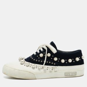 Miu Miu Navy Blue/White Velvet Faux Pearl Embellished Low Top Sneakers Size 39, Athletic Shoes & Sneakers - Luxury Closet catalog