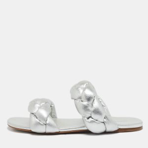 Miu Miu Silver Woven Leather Flat Sandals Size 38.5, Sandals - Luxury Closet catalog