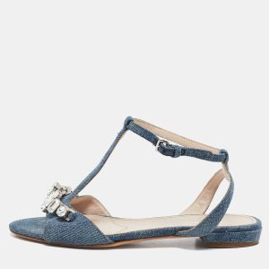 Miu Miu Blue Denim Crystal Embellished Ankle Strap Flat Sandals Size 35.5, Sandals - Luxury Closet catalog