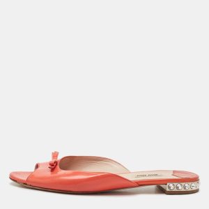 Miu Miu Orange Patent Leather Crystal Embellished Heel Bow Flat Slides Size 41, Sandals - Luxury Closet catalog