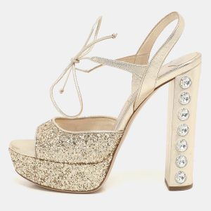 Miu Miu Gold Glitter Ankle Tie Platform Pumps Size 38, Pumps - Luxury Closet catalog