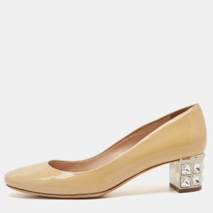 Miu Miu Beige Patent Leather Crystal Embellished Block Heel Pumps Size 36.5, Pumps - Luxury Closet catalog
