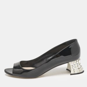 Miu Miu Black Patent Leather Crystal Block Heel Open Toe Pumps Size 37.5, Pumps - Luxury Closet catalog