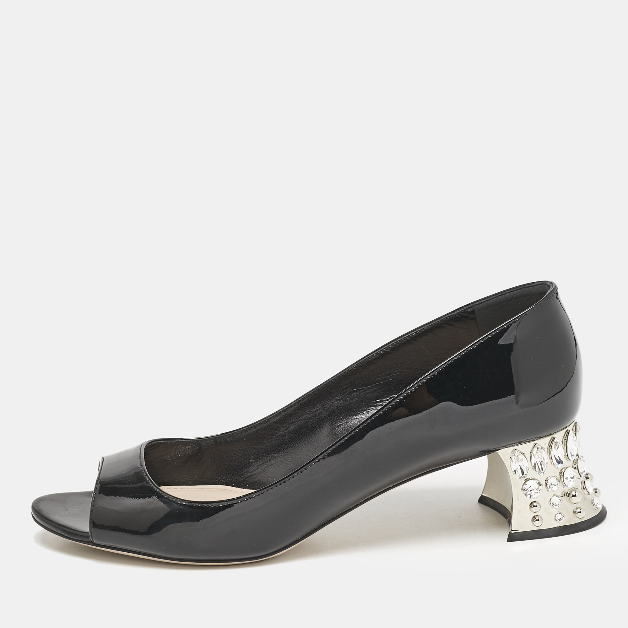 Miu Miu Black Patent Leather Crystal Block Heel Open Toe Pumps Size 37.5, Pumps - Luxury Closet catalog