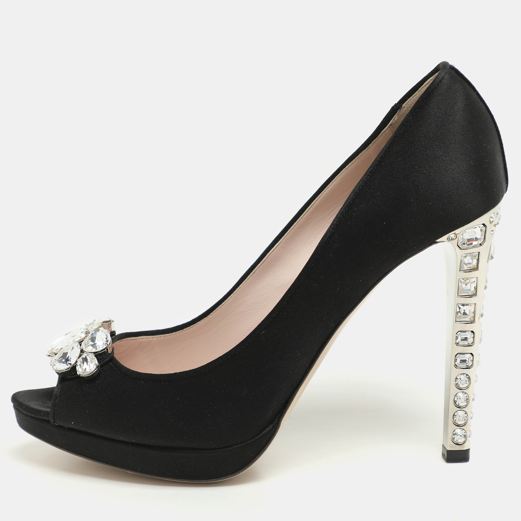 Miu Miu Black Satin Crystal Embellished Peep Toe Pumps Size 40, Pumps - Luxury Closet catalog
