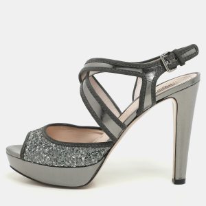 Miu Miu Grey Glitter and Leather Criss Cross Platform Pumps Size 40.5, Pumps - Luxury Closet catalog