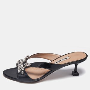 Miu Miu Black Patent Leather Crystal Embellished Slide Sandals Size 36, Sandals - Luxury Closet catalog