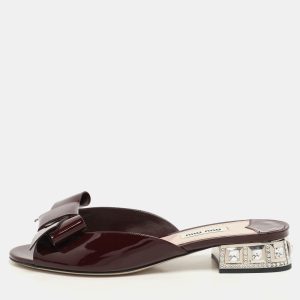 Miu Miu Burgundy Patent Leather Bow Crystal Embellished Heel Slide Sandals Size 37, Sandals - Luxury Closet catalog