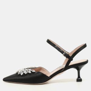 Miu Miu Black Satin Crystal Embellished Kitten Heel Ankle Strap Pumps Size 36.5, Pumps - Luxury Closet catalog