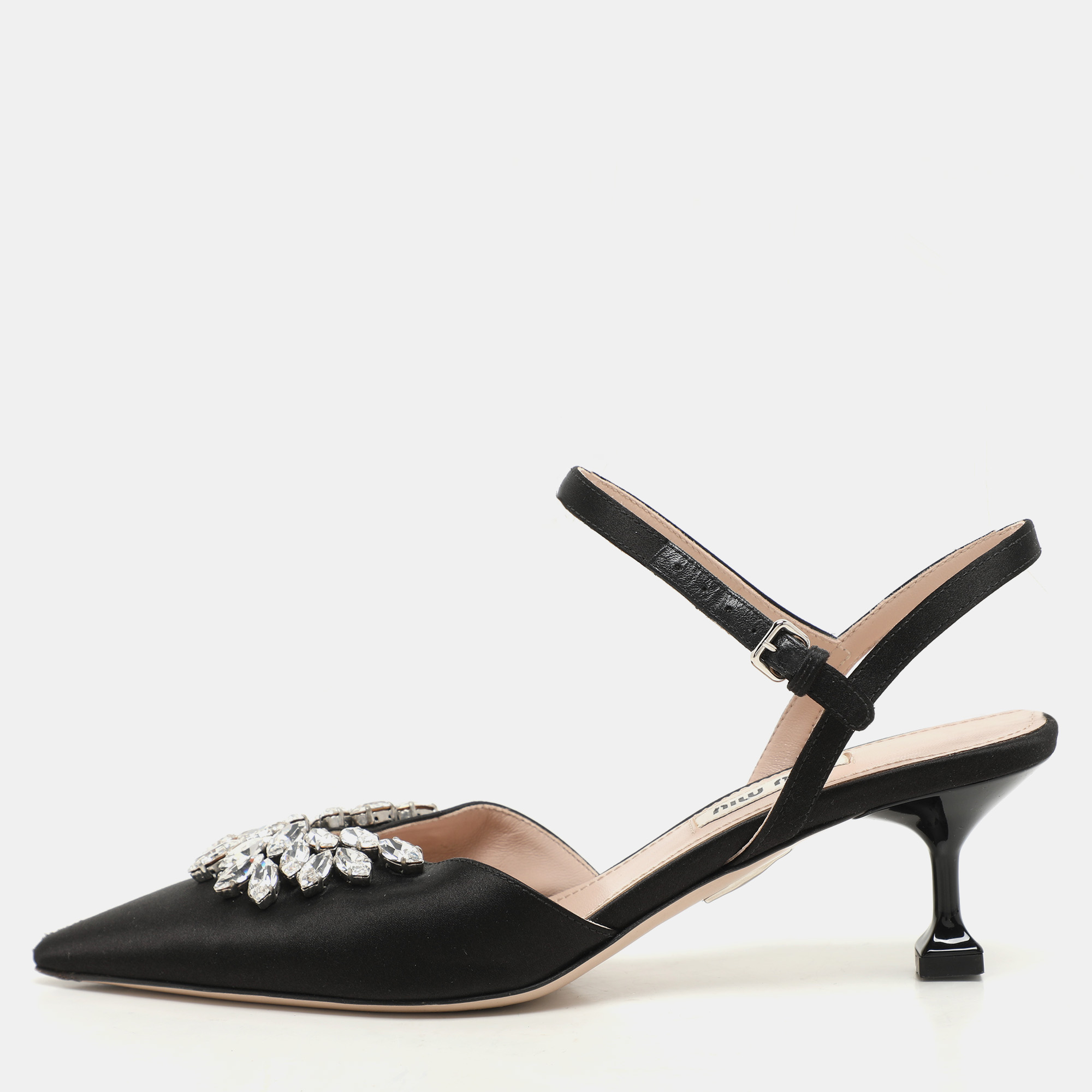 Miu Miu Black Satin Crystal Embellished Kitten Heel Ankle Strap Pumps Size 36.5, Pumps - Luxury Closet catalog