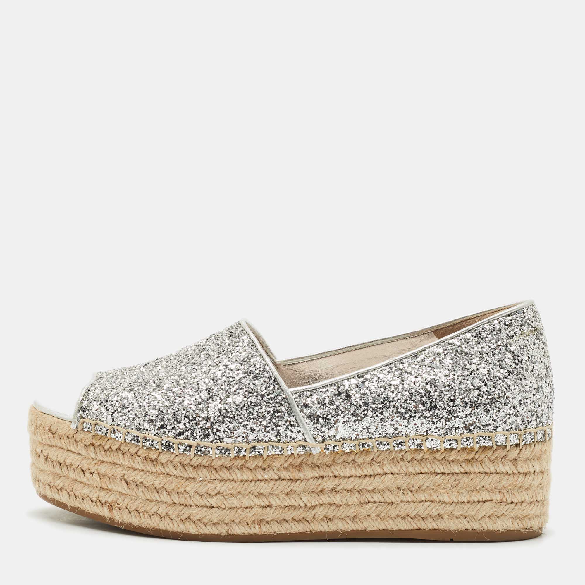 Miu Miu Silver Glitter Platform Espadrille Flats Size 39, Flats - Luxury Closet catalog