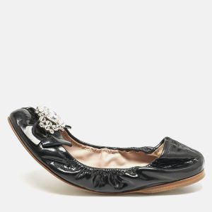 Miu Miu Black Patent Leather Crystal Embellished Scrunch Ballet Flats Size 38, Flats - Luxury Closet catalog