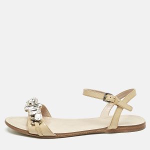 Miu Miu Beige Patent Leather Cipraia Crystal Ankle Strap Flat Sandals Size 37.5, Sandals - Luxury Closet catalog