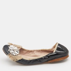 Miu Miu Black Patent Leather Crystal Embellished Scrunch Ballet Flats Size 37.5, Flats - Luxury Closet catalog