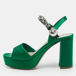 Miu Miu Green Satin Crystal Embellished Ankle Strap Block Heel Platform Sandals Size 38, Sandals - Luxury Closet catalog