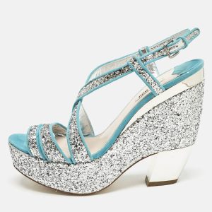 Miu Miu Blue/Silver Glitter and Suede Platform Sandals Size 41, Sandals - Luxury Closet catalog