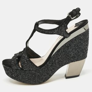 Miu Miu Black Glitter Wedge Slingback Sandals Size 41, Sandals - Luxury Closet catalog