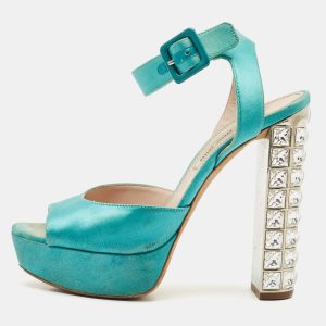 Miu Miu Green Satin Crystal Embellished Heel Ankle Strap Sandals Size 37, Sandals - Luxury Closet catalog