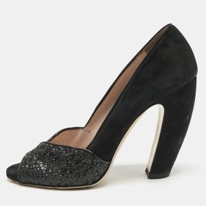 Miu Miu Black Glitter and Suede Curved Peep Toe Pumps Size 37.5, Pumps - Luxury Closet catalog