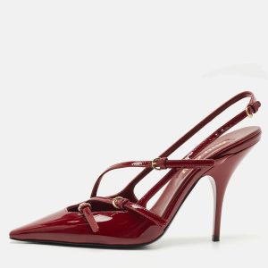Miu Miu Burgundy Patent Leather Pointed Toe Buckle Slingback Pumps Size 37.5, Pumps - Luxury Closet catalog