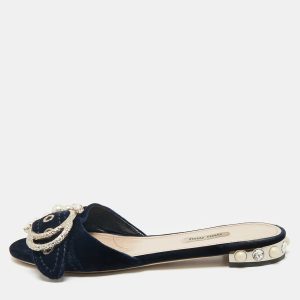 Miu Miu Navy Blue Velvet Embellished Flat Slides Size 39.5, Flats - Luxury Closet catalog