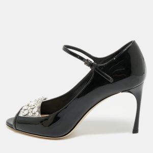 Miu Miu Black Patent Leather Crystal Embellished  Peep Toe Pumps Size 37.5, Pumps - Luxury Closet catalog