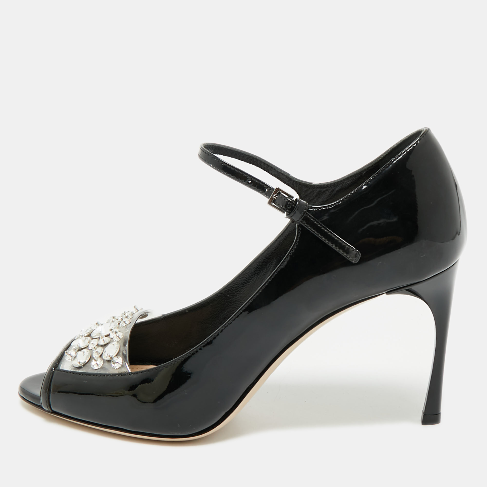 Miu Miu Black Patent Leather Crystal Embellished Peep Toe Pumps Size 37.5, Pumps - Luxury Closet catalog