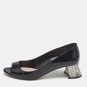 Miu Miu Black Patent Leather Crystal Embellished Peep Toe Pumps Size 36.5, Pumps - Luxury Closet catalog