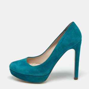 Miu Miu  Turquoise Blue  Suede Rounded Toe Platform Pumps Size 38, Pumps - Luxury Closet catalog
