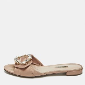 Miu Miu Beige Satin Knot Crystal Embellished Flat Slide Sandals Size 40, Sandals - Luxury Closet catalog