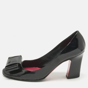 Miu Miu Black Patent Leather Bow Peep Toe Pumps Size 37.5, Pumps - Luxury Closet catalog