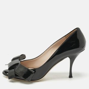 Miu Miu Black Patent Leather Bow Peep Toe Pumps Size 39, Pumps - Luxury Closet catalog
