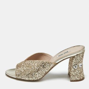 Miu Miu Gold Glitter and Leather Slide Block Heel Sandals Size 38, Sandals - Luxury Closet catalog