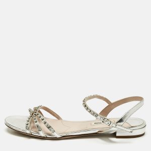 Miu Miu Silver Patent Leather Crystals Embellished Flat Sandals Size 38.5, Sandals - Luxury Closet catalog