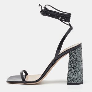 Miu Miu Black Patent Leather and Glitter Block Heel Ankle Wrap Sandals Size 38.5, Sandals - Luxury Closet catalog