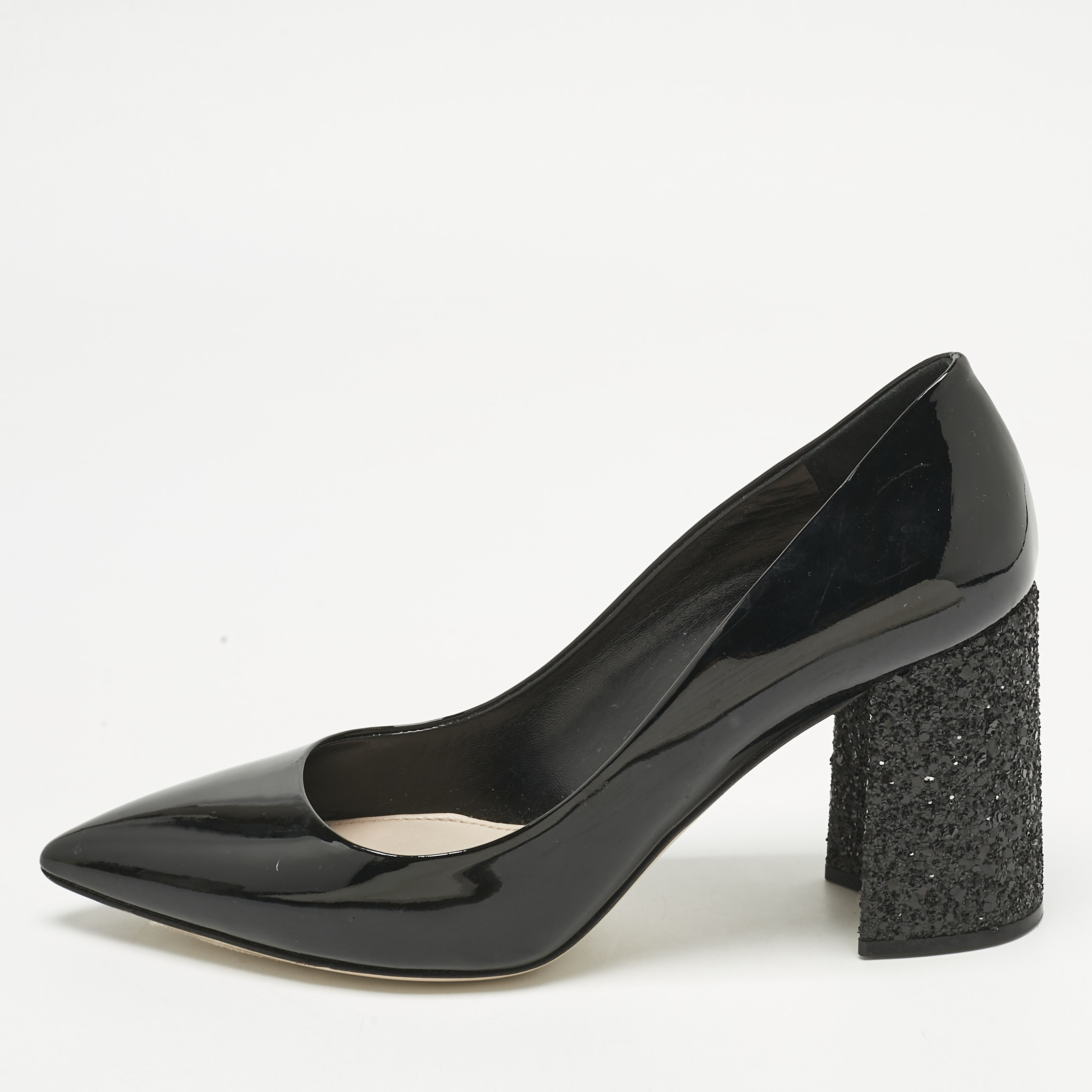 Miu Miu Black Patent Leather Glitter Heel Pointed Toe Pumps Size 39, Pumps - Luxury Closet catalog