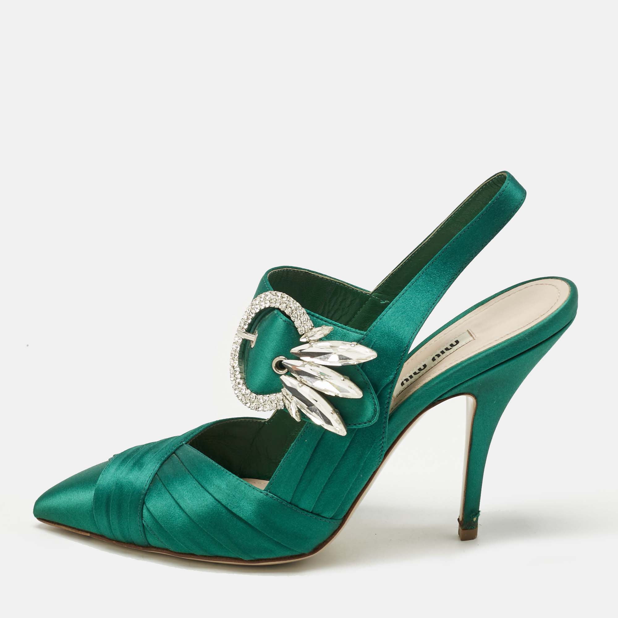 Miu Miu Green Satin Crystal Embellished Donna Slingback Pumps Size 37, Pumps - Luxury Closet catalog