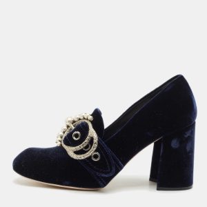 Miu Miu Navy Blue Velvet Pearl Embellished Block Heel Pumps Size 39, Pumps - Luxury Closet catalog