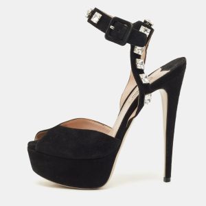 Miu Miu Black Suede Crystal Embellished Platform Ankle-Strap Sandals Size 37.5, Sandals - Luxury Closet catalog